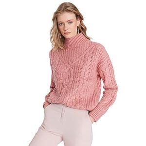 Trendyol Standaard gebreide trui met gedraaide opstaande kraag trainingspak dames, roze, S, Roze
