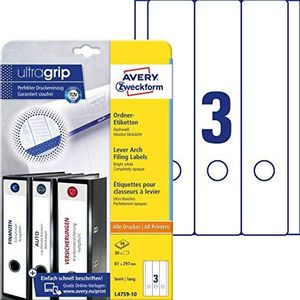 AVERY Zweckform L4759-10 Ordnerback etiketten (30 etiketten met Ultra Grip, 61 x 297 mm op A4, breedte/lengte, zelfklevend, absoluut ondoorzichtig, ordneretiketten) 10 vellen, wit