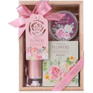 Accentra I Dream of Flowers damesbadset in mooie geschenkdoos - 3-delige verzorgingsset met handcrème, lichaamsboter en badzout - geschenkdoos voor de