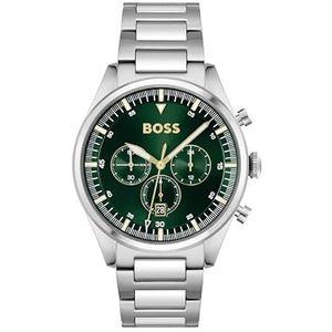 BOSS Herenhorloge chronograaf kwarts met zilverkleurige roestvrijstalen armband - 1513868, Groen, Armband