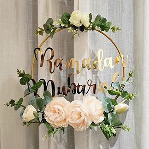 Ramadan Mubarak Kunstmatige roze camelia-krans, ronde metalen decoraties voor voordeur, bloemendecoratie om op te hangen, voor muur, raam, binnen en buiten