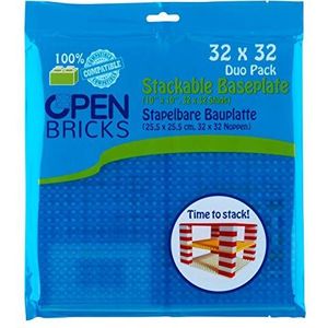 OPEN BRICKS 2 stuks bouwplaten 32 x 32 (25,5 x 25,5 cm), blauw transparant/blauw transparant, geschikt voor alle grote merken en bouwvakkers aan beide zijden