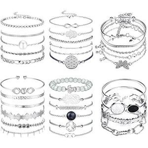 LOLIAS Set van 32 bohemien damesarmbanden - Meerlaags goud - Stapelbaar - Open - Zilveren armbanden - Verstelbaar - Mode - Paperclip - Cubaanse armband - Sieraden voor meisjes - Cadeau, Roestvrij