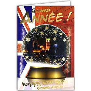 Gelukkig Nieuwjaar Gelukkig Nieuwjaar Gouden Glitter Kaart met Envelop Beste Wensen Sneeuwbal Vlokken Londen Big Ben Monument Hoofdstad Engels Britse Vlag 61-4044-A BA