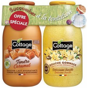 Cottage - Set van 1 zachte karamel hydraterende melkdouche + 1 heerlijke vanille scrubdouche - gemaakt in Frankrijk - 250 ml + 270 ml