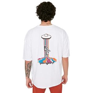 Trendyol T-shirt met korte mouwen, voor heren, wit, grote maat, rond design, bedrukt, Wit