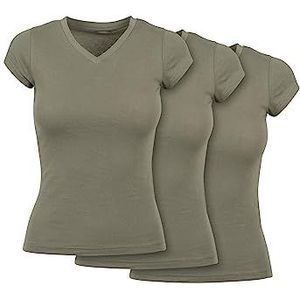 Build Your Brand Set van 3 basic T-shirts voor dames - V-hals - Katoen - Maten XS tot 5XL, olijfgroen, M, Olijf, M