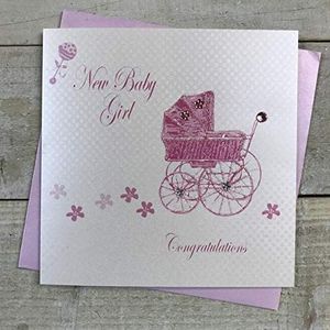 WHITE COTTON CARDS BD187 Wenskaart voor pasgeborenen, handgemaakt, motief kinderwagen, roze