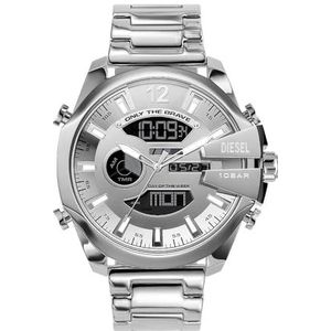 Diesel Mega Chief horloge voor heren, Ana-Digi uurwerk met siliconen, roestvrij stalen lederen band, zilver., armband
