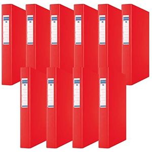 DONAU 10 stuks 3734001PL-04 ringmappen rood 2-D-ringmechanisme 25 mm DIN A4 van 1,9 mm dik karton met 100 µ milieuvriendelijk PP