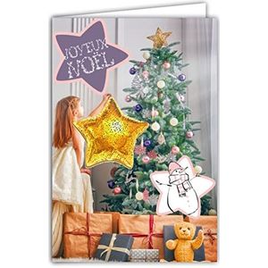 Afie 61-6045 Wenskaart, Vrolijk Kerstfeest met envelop en collage EN RELIEF sterrenballon goud glanzend fonkelende decoratie dennenboom beer cadeau sneeuwpop klein meisje