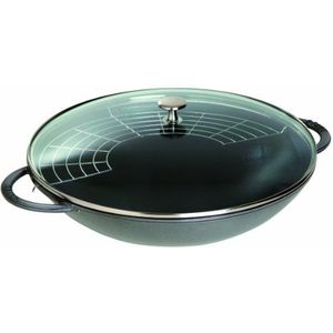 STAUB Gietijzeren wok met glazen deksel en afneembaar rooster inbegrepen, Ø 37 cm, 5,7 l, grafietgrijs