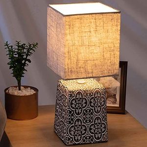 BAKAJI Tafellamp Cube sokkel gedecoreerd keramische lampenkap stof taupe bedlampje slaapkamer licht E27 Max 40W lampenkap modern design grootte 35x15cm