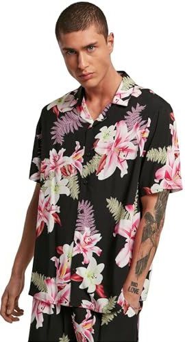 Urban Classics Viscose AOP herenoverhemd Resort Hawaïhemd met bloemenprint en omslagkraag, in 2 kleuren, maten S tot 5XL, zwart.
