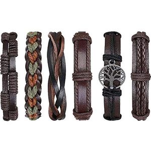 flintronic Lederen Armbanden, 6 Stuks Gevlochten Leren Armband, Punk Vintage Etnische, Verstelbaar, voor Mannen en Vrouwen-Levensboom