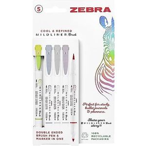 Zebra Pen Mildliner 5 stuks penseelstiften met twee uiteinden, penseelpunt en fijne punt, coole en geraffineerde inktkleuren gesorteerd
