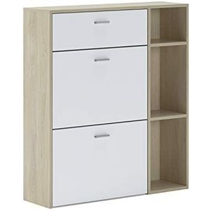 Skraut Home Schoenenkast | 102 x 90 x 26 cm | capaciteit voor 12 paar schoenen | 2 vleugeldeuren + 1 lade | windmodel | eiken/witte afwerking