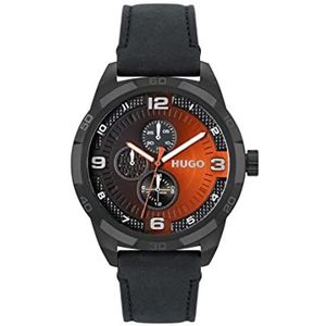 HUGO 1530275 Herenhorloge, analoog, multifunctioneel, kwarts, met zwarte leren band, Zwart/Oranje, Riem