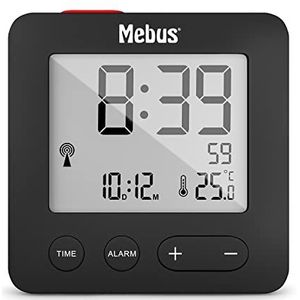MEBUS Schakelaar met temperatuurweergave, verpakt in reismaat, schakelaar (DCF77), alarm met afstandsbediening snooze), datum, displayverlichting, kleur: zwart, model: 25801