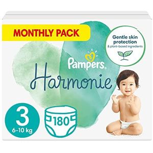 Pampers Luiers Maat 3 (6-10 kg), Harmony, 180 Baby-luiers, 1 maandpak, 0% Compromis, 100% absorptie, plantaardige ingrediënten, hypoallergeen