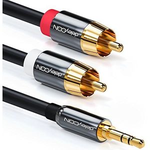 deleyCON 15 m cinch 3,5 mm, jack naar cinch RCA stereo-audiokabel, 1x jack naar 2x cinch metalen connectoren, zwart