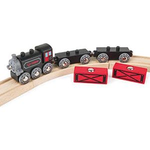 Hape Stoomgoederentrein speelgoed – spel voor kinderen vanaf 3 jaar – zwarte locomotief met twee rode wallen en containers – compatibel met traditionele merkcircuits