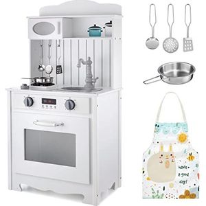 Mamabrum Houten kinderkeuken 3+ speelkeuken met potten, schort, accessoires en ledlicht, kinderkeuken, speelgoedkeuken voor meisjes en jongens, wit