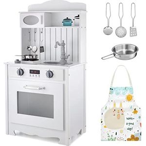 Mamabrum Speelkeuken voor kinderen, witte houten keuken met schort, accessoires en ledlamp, houten kinderkeuken met licht, houten speelkeuken - keukenspeelgoed, rollenspel