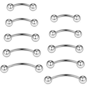 Gojewen 10 stuks gebogen barbells voor wenkbrauwen, lippen, rook, helix, tragus, brug, piercing, buik, piercing, 16 g, roestvrij staal, 6 mm, 8 mm, 10 mm, Metaal