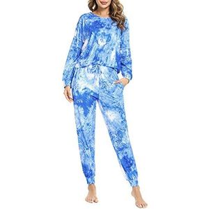 Doaraha Pyjama voor dames, Tie-Dye, mooie kleur, nachtkleding, met zakken, herfst en winter, sexy en comfortabel, S-XXL, blauwe stropdas