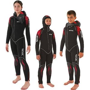 SEAC Eerste wetsuit met geïntegreerde capuchon voor kinderen en jongeren, 5 mm wetsuit, zwart/rood, 9 jaar