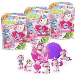 CRAZE INKEE set van 3 eenhoorn verrassing badbommetjes, popcorn, aroma, badbom met verrassing binnenin, babybad, speelgoed, 1 x eenhoornfigurine, kind, bubbelbad 29428