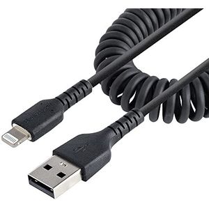 StarTech.com USB naar Lightning-kabel, 1 m, Mfi-gecertificeerd, USB-adapter, Lightning zwart, TPE-ommanteling, spiraalvormige iPhone-/Lightning-oplaadkabel van zeer robuuste Aramidevezel