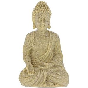 Relaxdays Boeddha-beeldje, zittend, 18 cm, decoratie voor woonkamer en badkamer, van kunststeen, vochtbestendig, zandkleurig