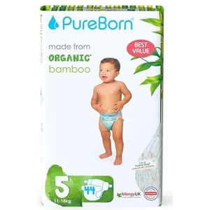 PureBorn Milieuvriendelijke bamboe luiers, maat 5 (11-18 kg), 44 stuks, hypoallergeen, ultrazacht, verschillende print, vochtindicator