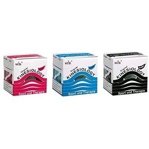 Nasara Kinesiotape in praktische doos, band voor sport en geneeskunde, voordeelverpakking, 1 x blauw, 1 x roze, 1 x zwart, 5 cm x 5 m