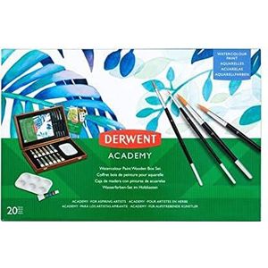Derwent Academy 2305673 Set met 12 aquarelkleuren in houten doos, palet penseel en papier inclusief