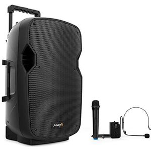 Audibax Denver 15 Plus - Actieve luidspreker 15 inch - vermogen 250 W - versterkte luidspreker - USB/SD-verbinding - Bluetooth-luidspreker - inclusief wielen + handmicrofoon + hoofdband - batterij van
