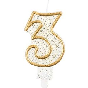 GoDan Beauty & Charm verjaardagskaars nummer 3 6,5 cm wit wax goud contour glitter