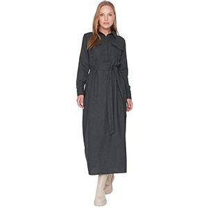 Trendyol Woman Design Midi Jile V-Neck Woven Dress Robe Femme, Noir, 36
