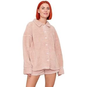 OHS Chemise boutonnée sur le devant avec col en polaire pour homme et femme - Pyjama super doux - Style décontracté - Pour dormir et dormir, rose, 38-40