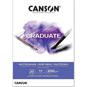 Canson Graduate, Mixed Media papier, groot, licht, 200 g, 120 lbs, gelijmd aan de korte kant, A4-21 x 29,7 cm, wit glanzend, 20 vellen