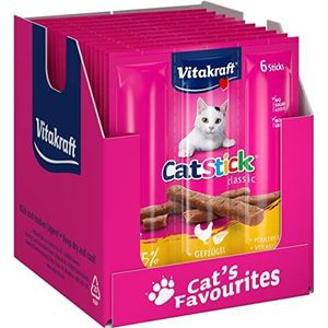 Vitakraft Cat Stick Classic mini-vleesstokjes voor katten, met gevogelte en lever, opslaggrootte, zonder toegevoegde suiker, 6 stuks