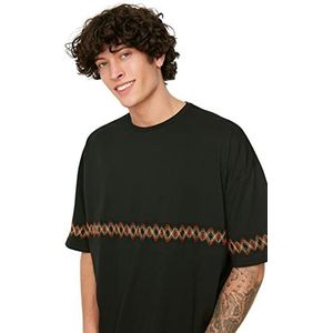 Trendyol T-shirt, geborduurd, korte mouwen, voor heren, grote maat, ronde hals, zwart, XL, zwart.