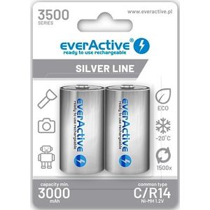 EverActive 2 x R14 Ni-MH batterijen voor baby's met voorgeladen premium accu, 1,2 V, zilverkleurig