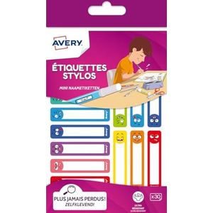 Avery - 30 duurzame zelfklevende etiketten voor het markeren van pennen, potloden, viltstiften. Perfect voor school, kleuterschool, universiteit. Smiley-design, 50 x 10 mm