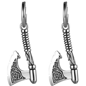 JewelryWe Viking bijl oorbellen voor heren: Mjölnir roestvrij staal creolen oorbellen Keltische knoop amulet Viking bijl hanger oorbellen