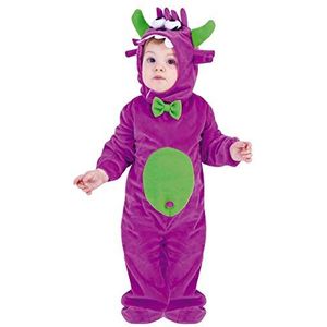 Rubies Mon-Tua Paarse kostuum, voor kinderen, babymaat 6-12 maanden en 1-2 jaar, overall met voeten en muts, hoorns en ogen, Halloween, Kerstmis, carnaval en verjaardag.