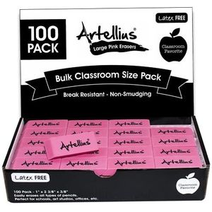 Artellius Set van 100 roze gummetjes – groot, zonder latex of sporen – schoolbenodigdheden – kantoorbenodigdheden in grote hoeveelheden voor leraren, school thuis, kantoor, kunstonderwijs en meer