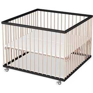 Sämann® Boxbox met matras, TÜV getest 2020, traploos in hoogte verstelbaar, babybox, beuken, rubberen wielen, 75x100, 100x100, 120x120 cm (100x100 cm, zwart/natuur)